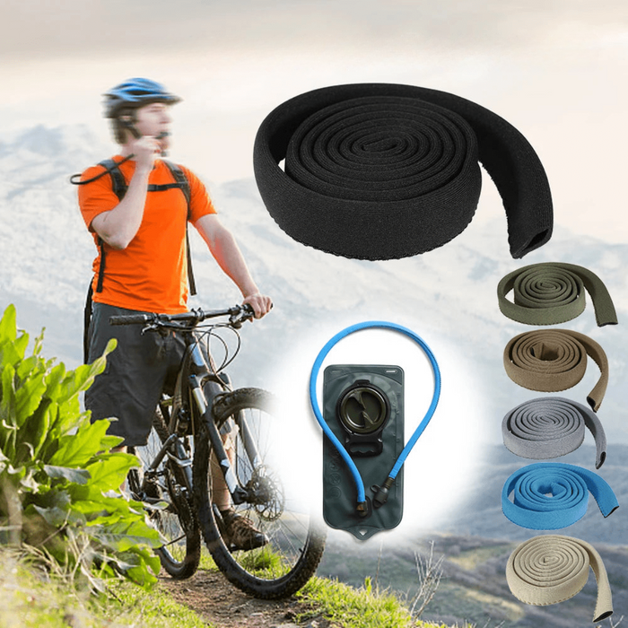 Outdoor biking scene featuring a cyclist using a hydration bladder with a protective tube cover, showcasing the tube cover's versatility in different colors.