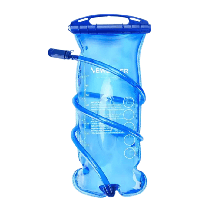 A full view of a blue hydration bladder with a hose, featuring a wide top opening for easy filling and cleaning.