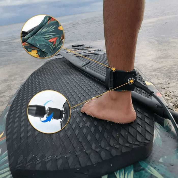  A person wearing a surf leash on their ankle while standing on a paddleboard.