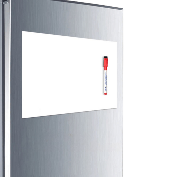 A whiteboard with a red marker attached to a silver refrigerator.