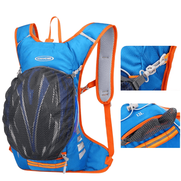 Blue backpack with an orange trim, featuring a mesh helmet holder and a 12L storage capacity.