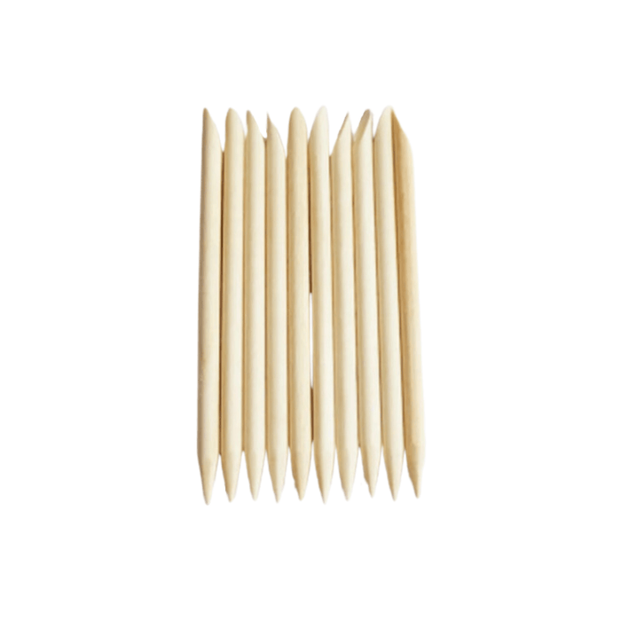 10 pieces of orange wood nail sticks display on white background.