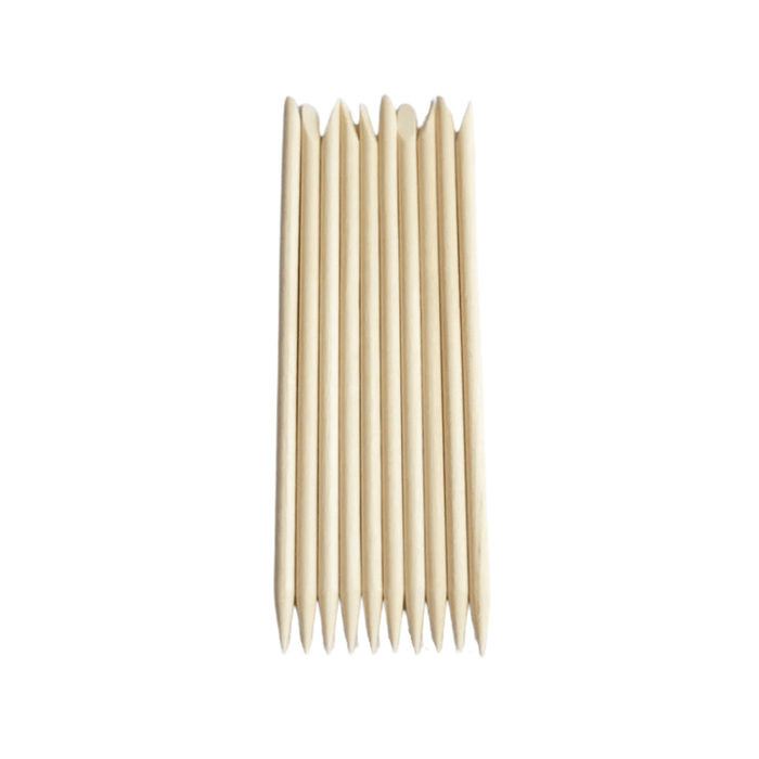 10 pieces of orange wood nail sticks display on white background.