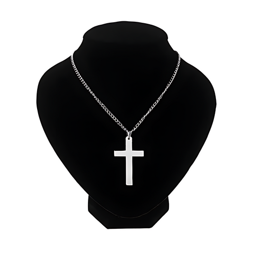 A silver cross pendant on a simple chain necklace displayed on a black jewelry bust, highlighting the sleek and polished design of the cross against the dark background.