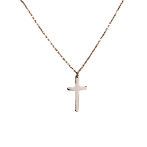 Silver Cross Necklace Displayed on white background.