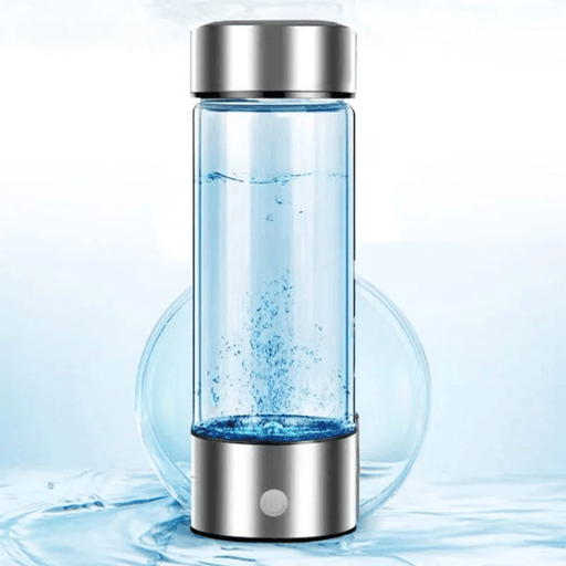 Hydrogen Water Bottle with light blue back ground.