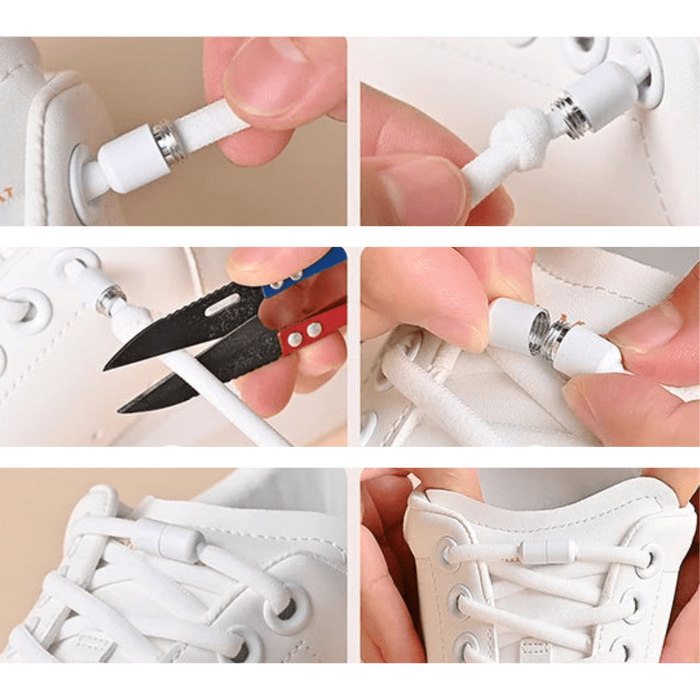 Step-by-step process of attaching elastic white shoelaces with a magnetic lock.
