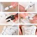 Step-by-step process of attaching elastic white shoelaces with a magnetic lock.
