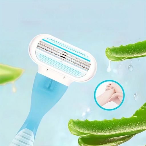 Close-up of a women's razor with a blue and white design, featuring multiple blades and a moisture strip, set against a pink background with aloe vera leaves.