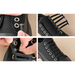 Step-by-step installation of elastic no-tie shoelaces on a black sneaker.