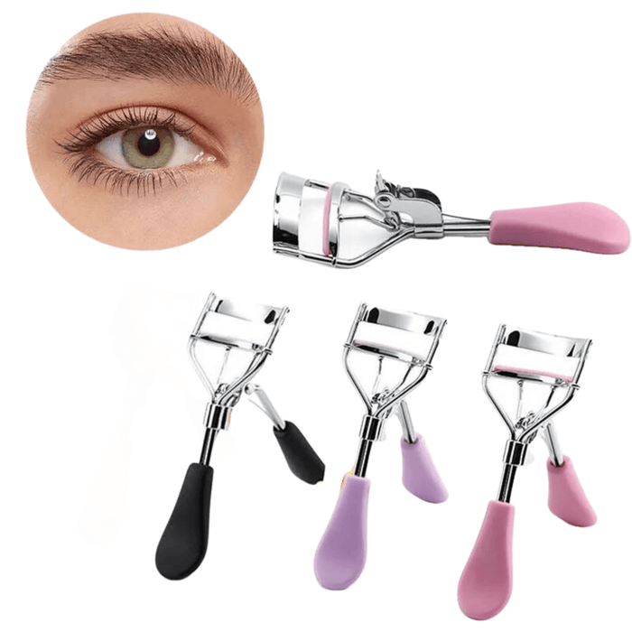 A collection of eyelash curlers with colorful handles in black, lavender, and pink, displayed with a close-up image of a person's eye showing curled eyelashes.