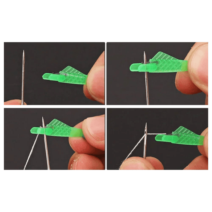 A step-by-step demonstration of threading a needle using a green fish mouth sewing machine needle threader.