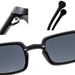 Close-up of a pair of black rectangular sunglasses, showcasing the frame details and hinge mechanism.