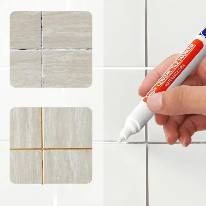 A ceramic tile marker being used to recolor grout lines, demonstrating the tool’s ability to refresh and enhance the appearance of tiled surfaces.