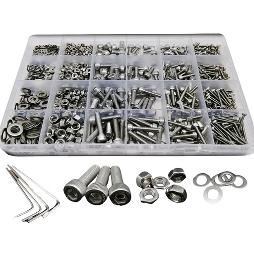 A plastic organizer box with multiple compartments filled with different types of stainless steel fasteners, including hex socket cap screws, washers, and nuts. The box is open, displaying its contents neatly sorted. Several fasteners, including screws, nuts, washers, and two hex wrenches, are placed outside the box for better visibility.