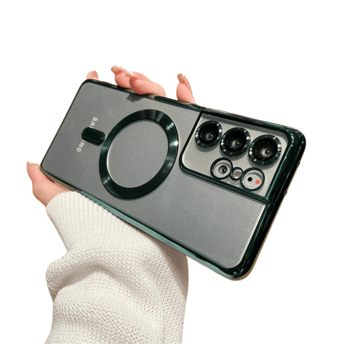 A phone case with a dark green magnetic ring held in hand, illustrating the stylish design.