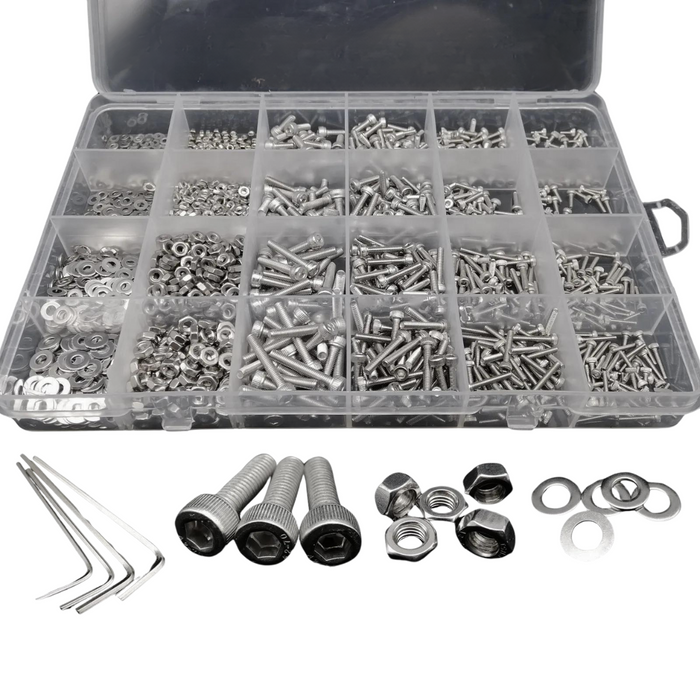 A plastic organizer box with multiple compartments containing a variety of stainless steel fasteners, including hex socket cap screws, washers, and nuts. The box is open, and additional components, including three screws, washers, nuts, and four hex wrenches, are placed outside the box.