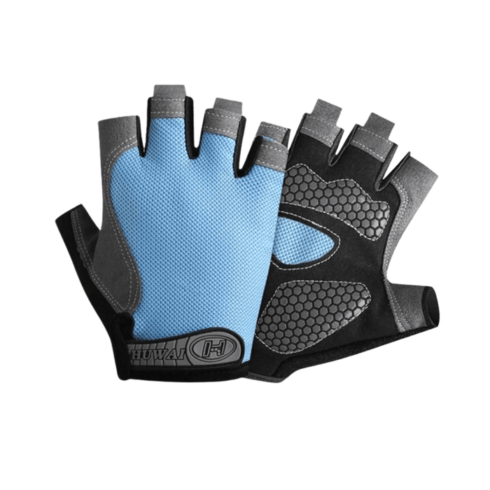 The gloves showcase a blue mesh back for ventilation and a black synthetic leather palm with rubberized sections for grip. The finger openings and wrist strap are black, and the wrist closure is Velcro with a logo patch.