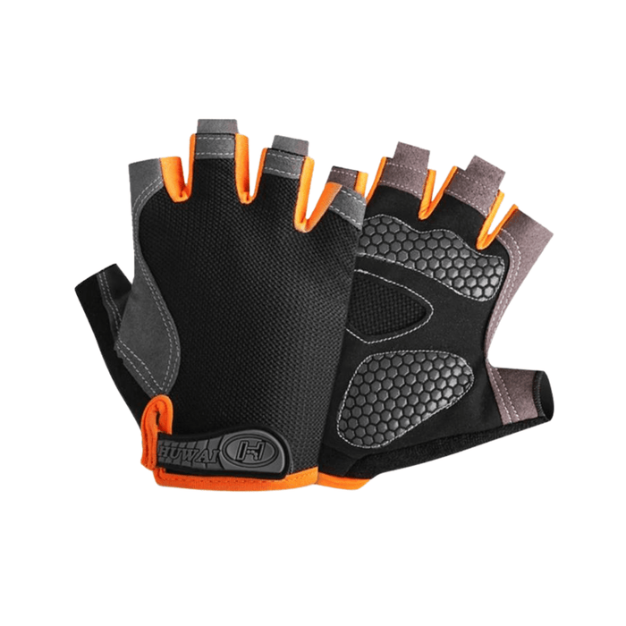 These gloves have a black mesh back with orange accents on the finger openings and the wrist strap. The palm is gray with black and gray rubberized sections for better grip. The wrist closure is Velcro.