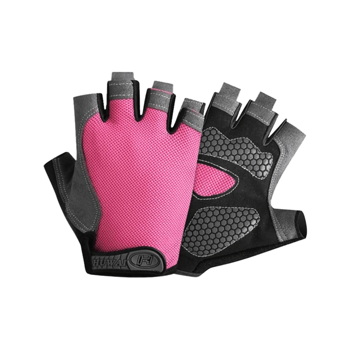 These fingerless gloves feature a pink mesh back for breathability and a gray synthetic leather palm with black rubberized sections for enhanced grip and protection. The wrist closure has a Velcro strap with a logo patch.