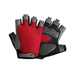 Fingerless gloves with a red back and gray and black accents. The gloves have a textured palm area for better grip, featuring a mix of black and gray materials.