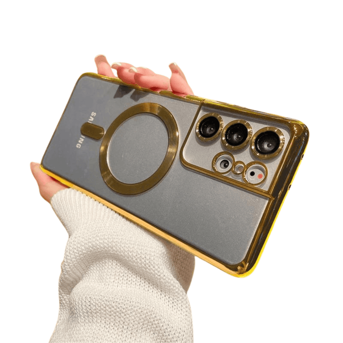 A phone case with a gold magnetic ring held in hand, illustrating the stylish design.