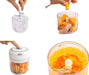 Step-by-step process of using a food chopper, from assembling the blade and adding food to pushing the button and showing finely chopped food.