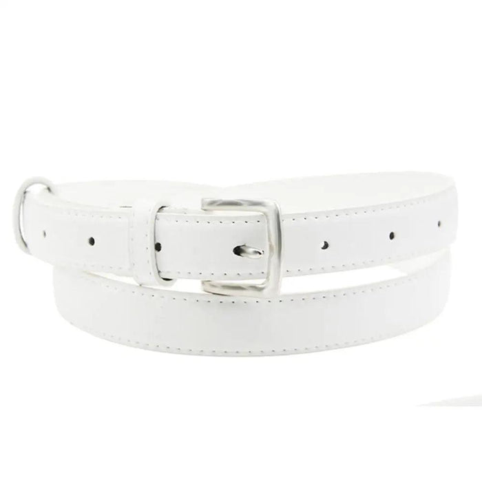 A white leather belt with a silver buckle, showing close-up details of the stitching and embossed brand name.