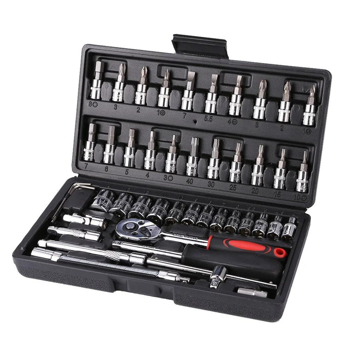 a black plastic carrying case with an organized set of socket wrenches and bits. The case includes a ratchet wrench and various extensions, highlighting its versatility for different tasks.