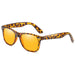 Leopard-framed sunglasses with orange-tinted lenses on a white background.