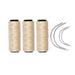 Three beige rolls of sewing thread with four needles.