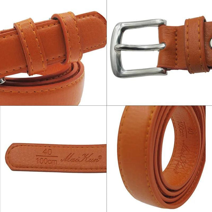 A brown leather belt with a silver buckle, neatly coiled and laid out, highlighting its sleek design.