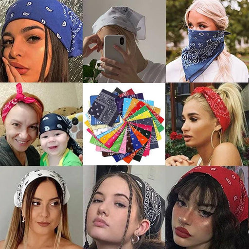 A collage of various individuals wearing different colored bandanas, including a display of assorted bandanas.