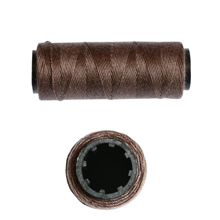 Side and top views of sewing thread roll in dark brown.