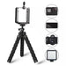 A flexible tripod with black foam legs and a black adjustable phone holder, shown with compatibility options for a GoPro, smartphone, DSLR camera, and LED light.