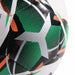 Close-up of a soccer ball with green, black, and orange pattern.