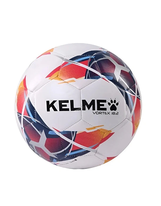 White Kelme Vortex soccer ball with multicolor pattern.