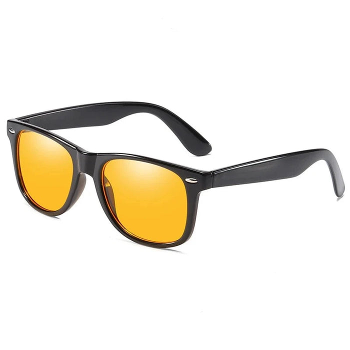 Black-framed sunglasses with orange-tinted lenses on a white background.