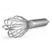 A close-up of a stainless steel whisk with a balloon shape, showing the construction and design of the whisk's head, highlighting its sturdy, professional build.