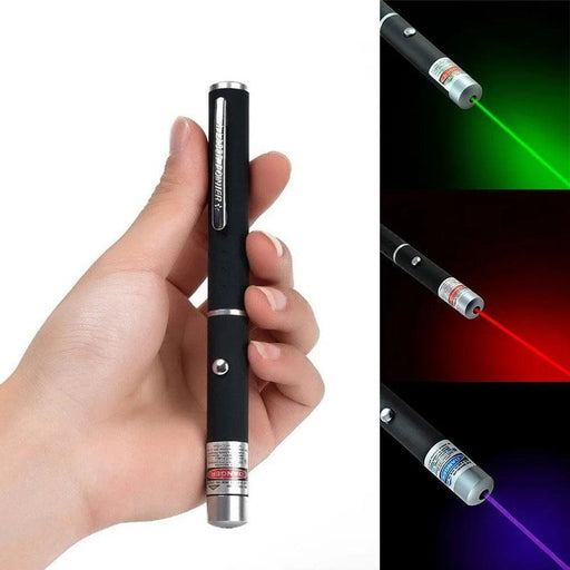 A hand holding a black laser pointer, with side images showing the laser beams in green, red, and blue.