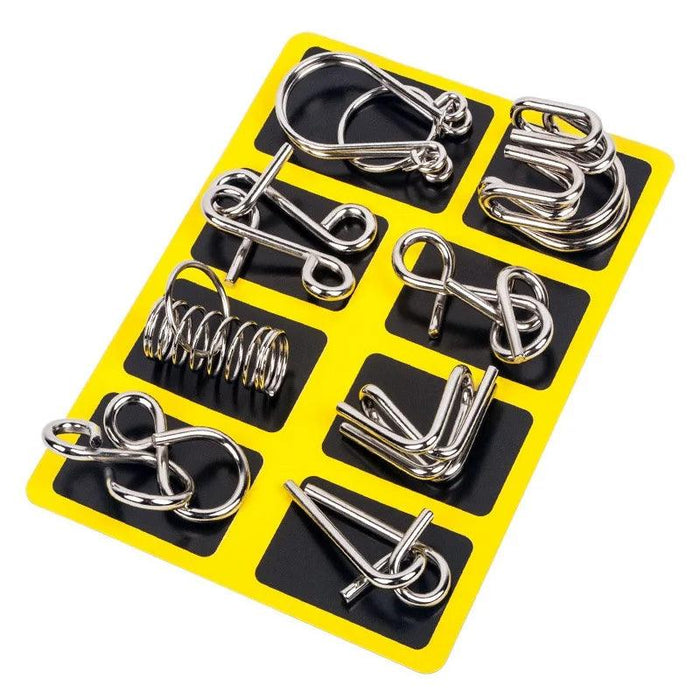 Yellow tray with eight metal wire puzzles of various shapes, designed to test problem-solving skills.