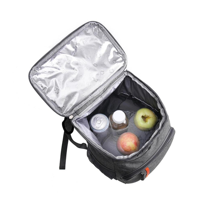 gray Thermal Lunch Backpack with food inside