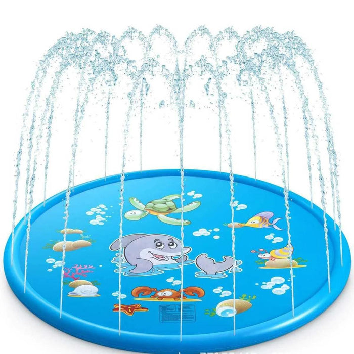 The splash mat with water spraying up from the edges, forming an arch over the mat's sea creature design.