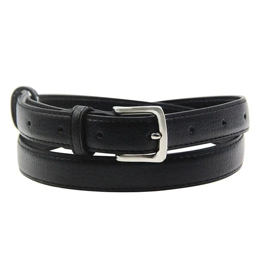 A black leather belt with a silver buckle, showing close-up details of the stitching and embossed brand name.