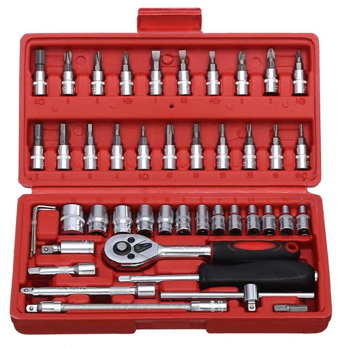 a red plastic carrying case with an organized set of socket wrenches and bits. The case includes a ratchet wrench and various extensions, highlighting its versatility for different tasks.