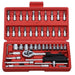 a red plastic carrying case with an organized set of socket wrenches and bits. The case includes a ratchet wrench and various extensions, highlighting its versatility for different tasks.