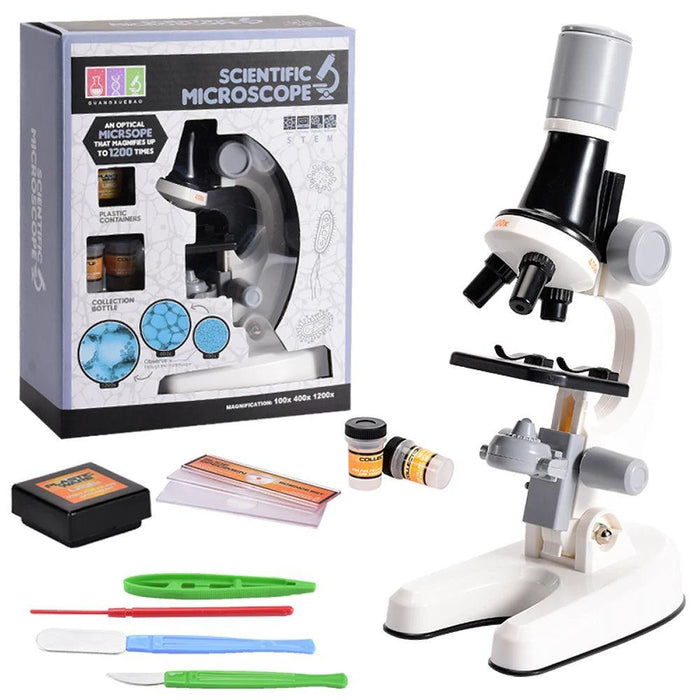 A white and black microscope with a boxed set, including tools and sample containers, labeled as a scientific microscope with magnification up to 1200x.