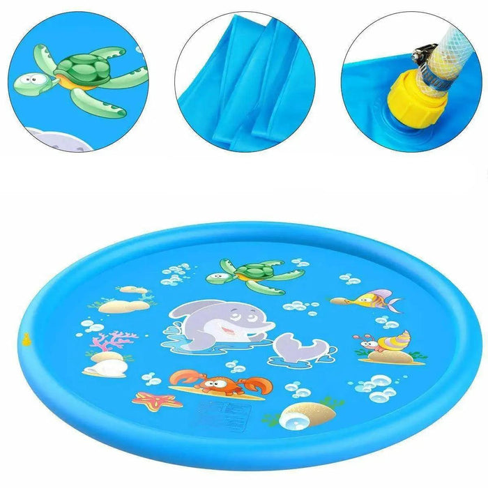 A blue splash play mat with colorful sea creature illustrations, including a turtle, dolphin, fish, snail, and crab. It has a hose connector for water spray.