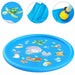 A blue splash play mat with colorful sea creature illustrations, including a turtle, dolphin, fish, snail, and crab. It has a hose connector for water spray.