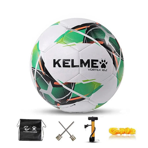 White Kelme Vortex soccer ball with green pattern, and pump, needle, and bag.